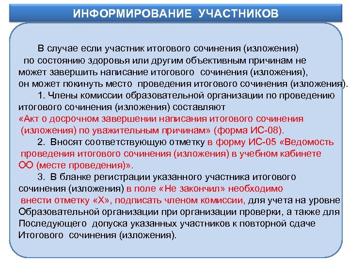 ИНФОРМИРОВАНИЕ УЧАСТНИКОВ Информационное обеспечение В случае если участник итогового сочинения (изложения) по состоянию здоровья