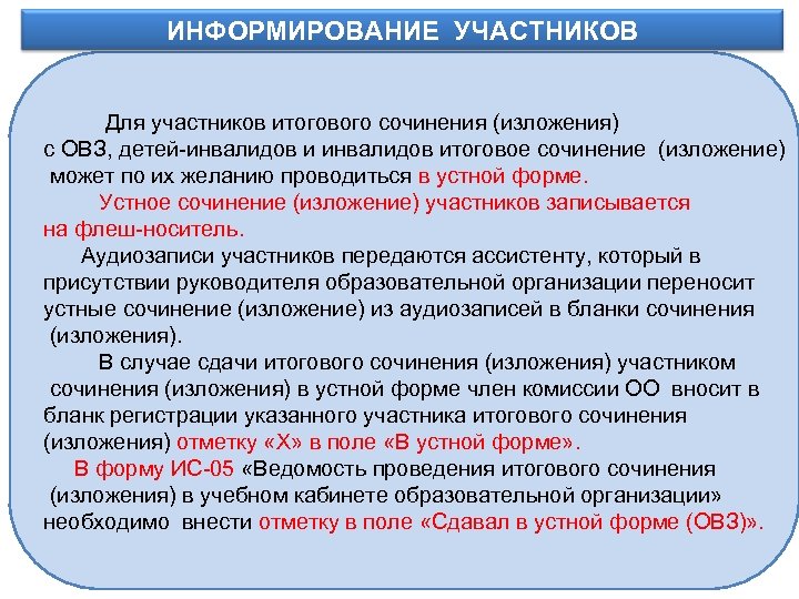 ИНФОРМИРОВАНИЕ УЧАСТНИКОВ Информационное обеспечение Для участников итогового сочинения (изложения) с ОВЗ, детей-инвалидов итоговое сочинение
