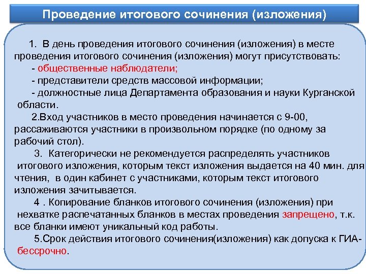 Проведение итогового сочинения (изложения) Информационное обеспечение 1. В день проведения итогового сочинения (изложения) в
