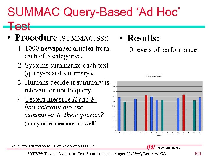 SUMMAC Query-Based ‘Ad Hoc’ Test • Procedure (SUMMAC, 98): 1. 1000 newspaper articles from