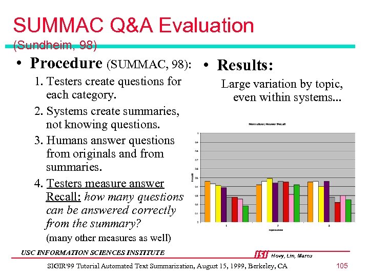 SUMMAC Q&A Evaluation (Sundheim, 98) • Procedure (SUMMAC, 98): • Results: 1. Testers create