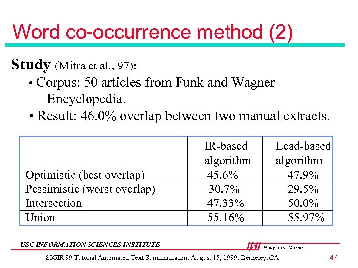 Word co-occurrence method (2) Study (Mitra et al. , 97): • Corpus: 50 articles