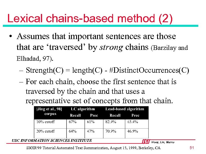 Lexical chains-based method (2) • Assumes that important sentences are those that are ‘traversed’