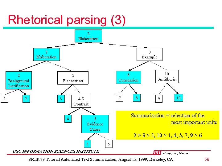 Rhetorical parsing (3) 2 Elaboration 8 Example 2 Background Justification 1 2 8 Concession