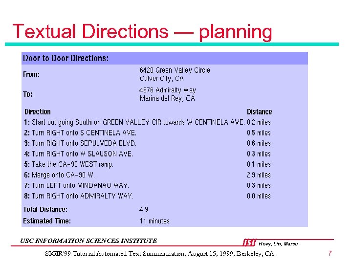 Textual Directions — planning USC INFORMATION SCIENCES INSTITUTE Hovy, Lin, Marcu SIGIR'99 Tutorial Automated