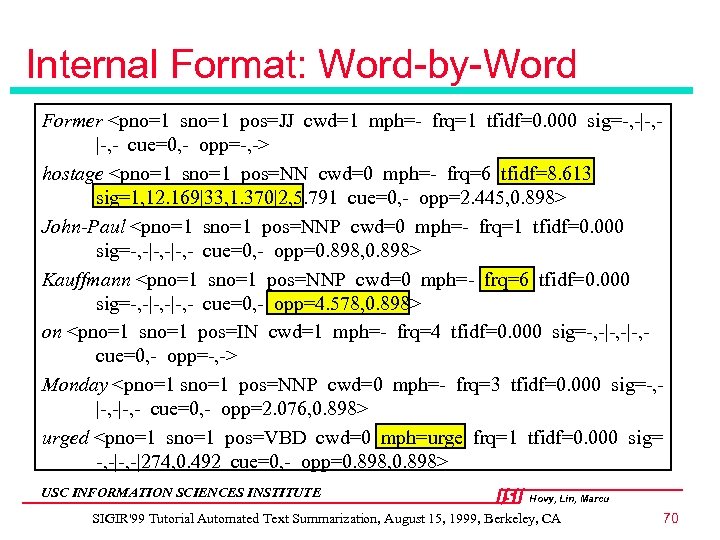 Internal Format: Word-by-Word Former <pno=1 sno=1 pos=JJ cwd=1 mph=- frq=1 tfidf=0. 000 sig=-, -|-,