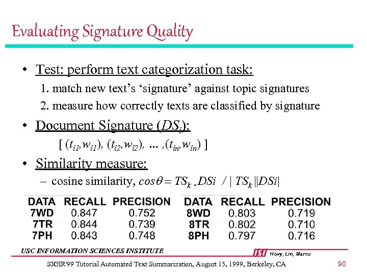 Evaluating Signature Quality • Test: perform text categorization task: 1. match new text’s ‘signature’