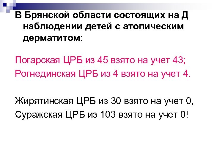 В Брянской области состоящих на Д наблюдении детей с атопическим дерматитом: Погарская ЦРБ из