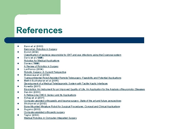 References l l l l Bann et al (2003) Bann et al, Robotics in