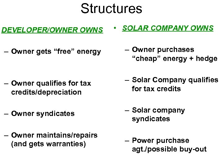 Structures DEVELOPER/OWNER OWNS • SOLAR COMPANY OWNS – Owner gets “free” energy – Owner