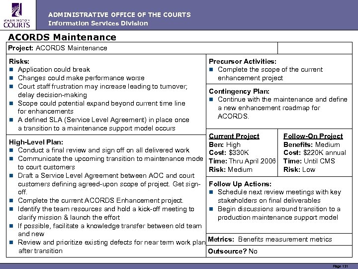 ADMINISTRATIVE OFFICE OF THE COURTS Information Services Division ACORDS Maintenance Project: ACORDS Maintenance Risks: