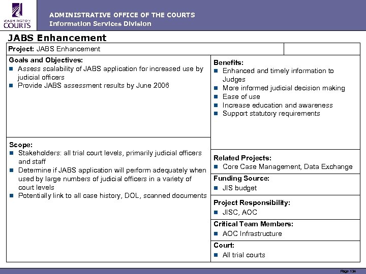 ADMINISTRATIVE OFFICE OF THE COURTS Information Services Division JABS Enhancement Project: JABS Enhancement Goals