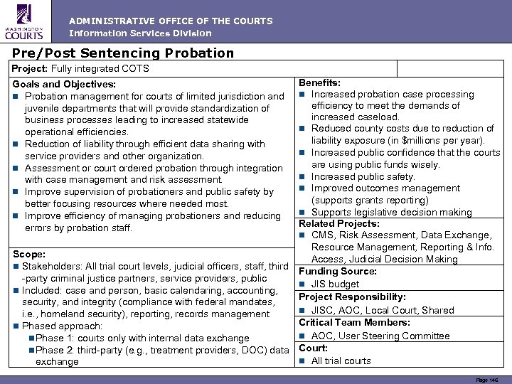 ADMINISTRATIVE OFFICE OF THE COURTS Information Services Division Pre/Post Sentencing Probation Project: Fully integrated