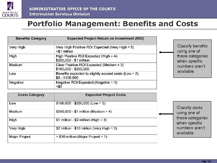 ADMINISTRATIVE OFFICE OF THE COURTS Information Services Division Portfolio Management: Benefits and Costs Classify