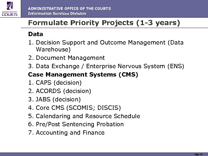 ADMINISTRATIVE OFFICE OF THE COURTS Information Services Division Formulate Priority Projects (1 -3 years)