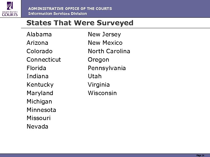 ADMINISTRATIVE OFFICE OF THE COURTS Information Services Division States That Were Surveyed Alabama Arizona