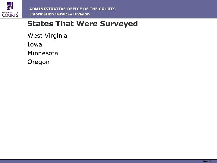 ADMINISTRATIVE OFFICE OF THE COURTS Information Services Division States That Were Surveyed West Virginia