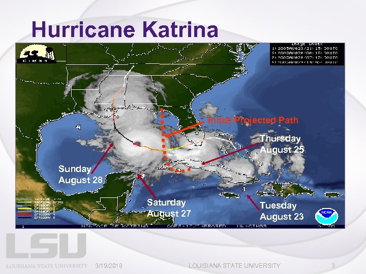 Hurricane Katrina Initial Projected Path Thursday August 25 Sunday August 28 Saturday August 27