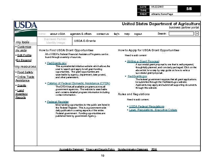 DATE TYPE PAGE 05. 22. 2003 SB e. Grants Home Page United States Department