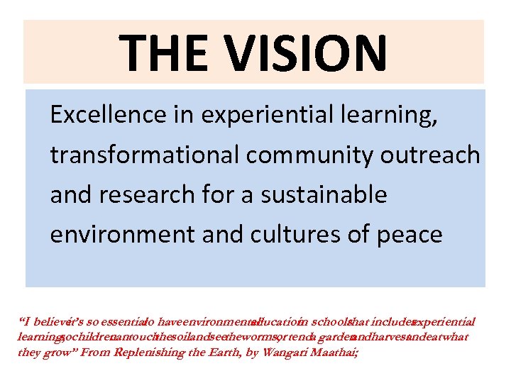 THE VISION Excellence in experiential learning, transformational community outreach and research for a sustainable