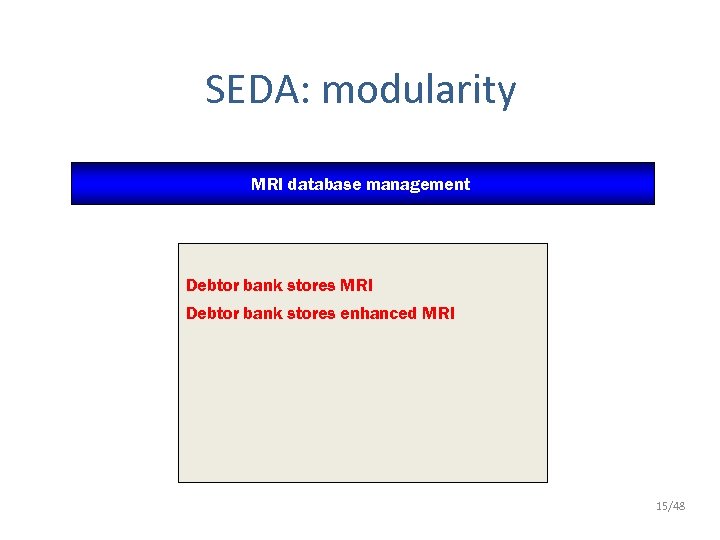 SEDA: modularity MRI database management Debtor bank stores MRI Debtor bank stores enhanced MRI