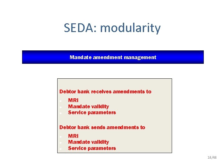 SEDA: modularity Mandate amendment management Debtor bank receives amendments to ► ► ► MRI