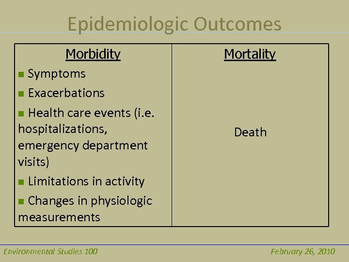 Epidemiologic Outcomes Morbidity n Symptoms n Exacerbations n Health care events (i. e. hospitalizations,
