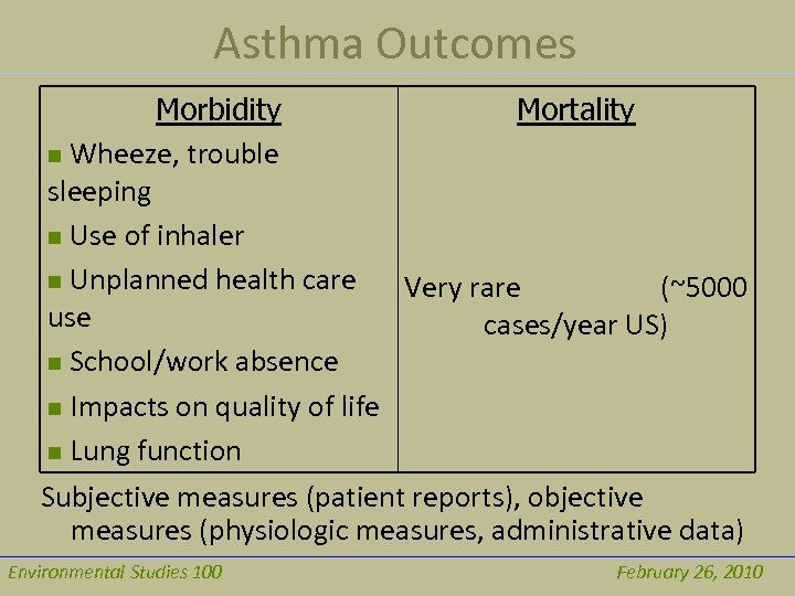 Asthma Outcomes Morbidity Mortality n Wheeze, trouble sleeping n Use of inhaler n Unplanned