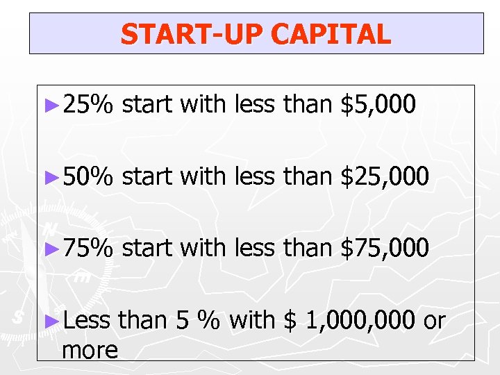 START-UP CAPITAL ► 25% start with less than $5, 000 ► 50% start with