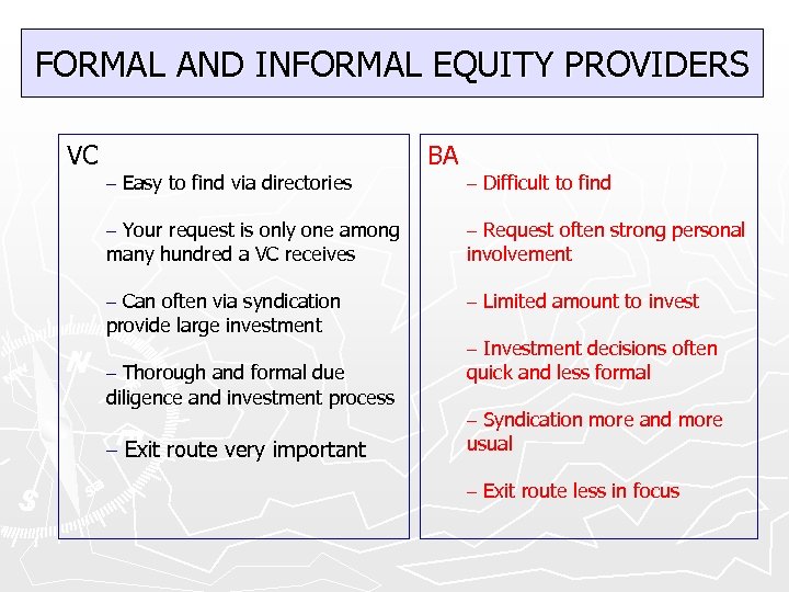 FORMAL AND INFORMAL EQUITY PROVIDERS VC – Easy to find via directories BA –