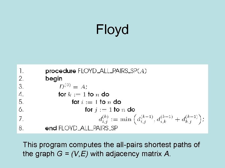 Floyd This program computes the all-pairs shortest paths of the graph G = (V,