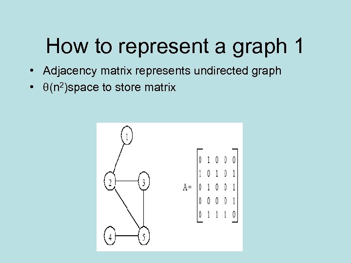 How to represent a graph 1 • Adjacency matrix represents undirected graph • (n