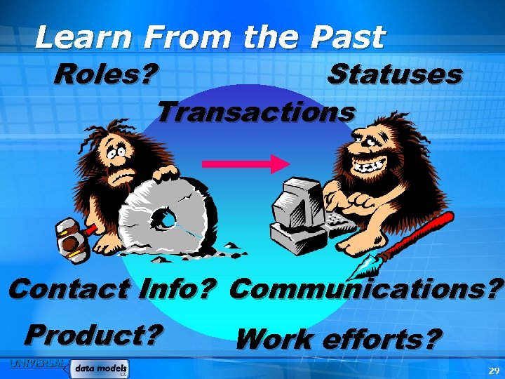 Learn From the Past Roles? Statuses Transactions Contact Info? Communications? Product? Work efforts? 29