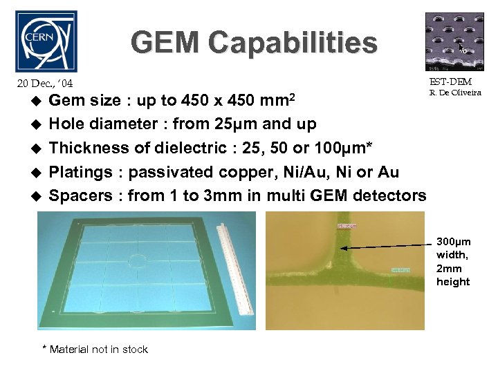 GEM Capabilities EST-DEM 20 Dec. , ‘ 04 u u u mm 2 Gem