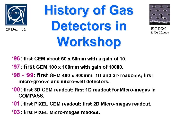 20 Dec. , ‘ 04 History of Gas Detectors in Workshop EST-DEM R. De