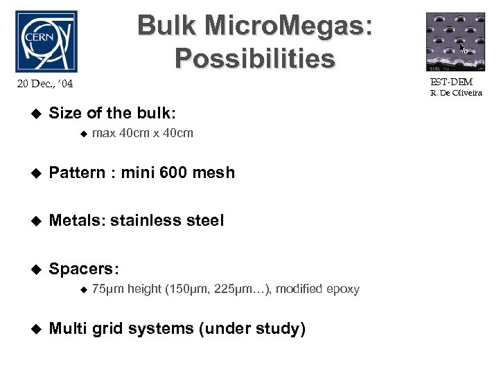 Bulk Micro. Megas: Possibilities EST-DEM 20 Dec. , ‘ 04 u R. De Oliveira