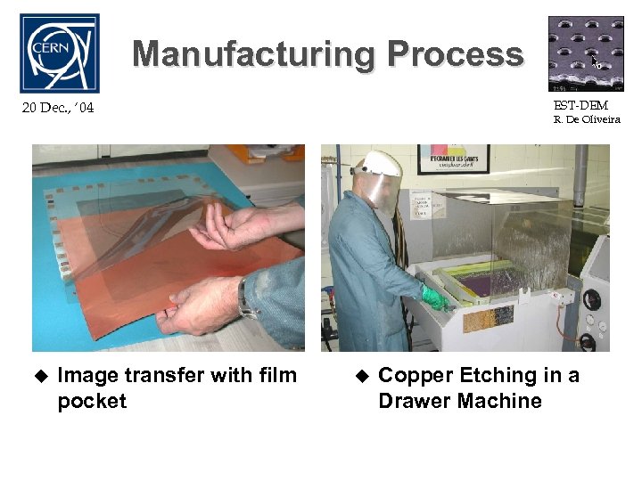 Manufacturing Process EST-DEM 20 Dec. , ‘ 04 u Image transfer with film pocket