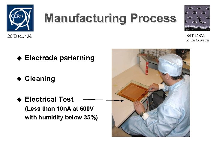 Manufacturing Process 20 Dec. , ‘ 04 u Electrode patterning u Cleaning u Electrical