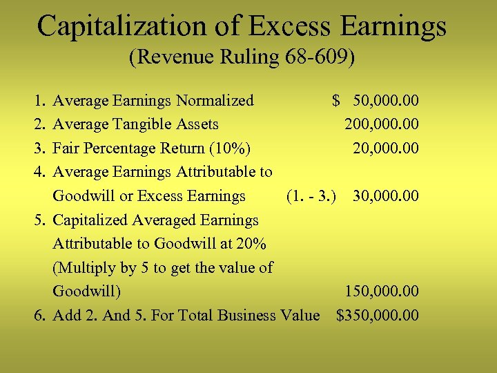 Capitalization of Excess Earnings (Revenue Ruling 68 -609) 1. 2. 3. 4. Average Earnings