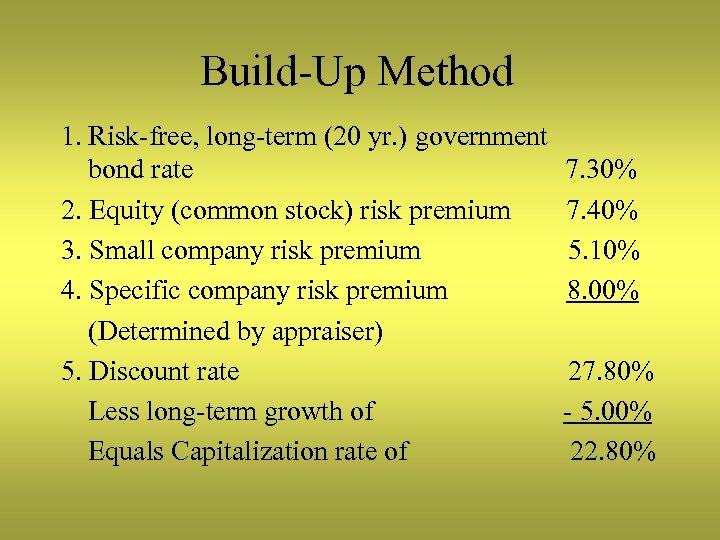 Build-Up Method 1. Risk-free, long-term (20 yr. ) government bond rate 2. Equity (common