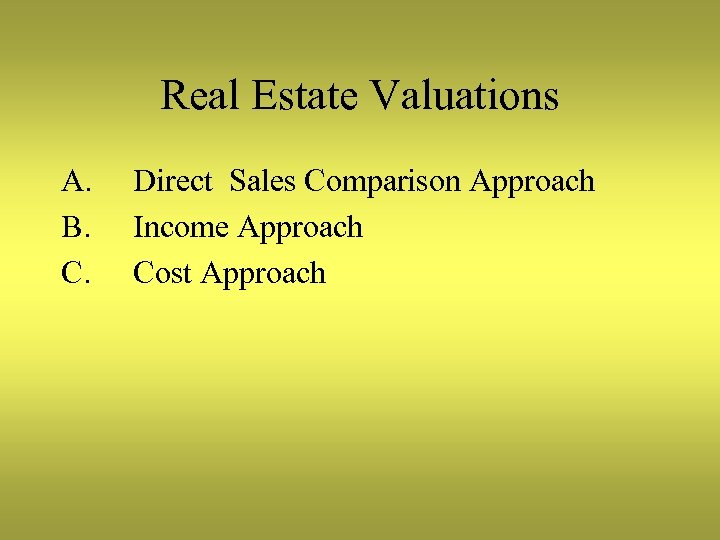 Real Estate Valuations A. B. C. Direct Sales Comparison Approach Income Approach Cost Approach