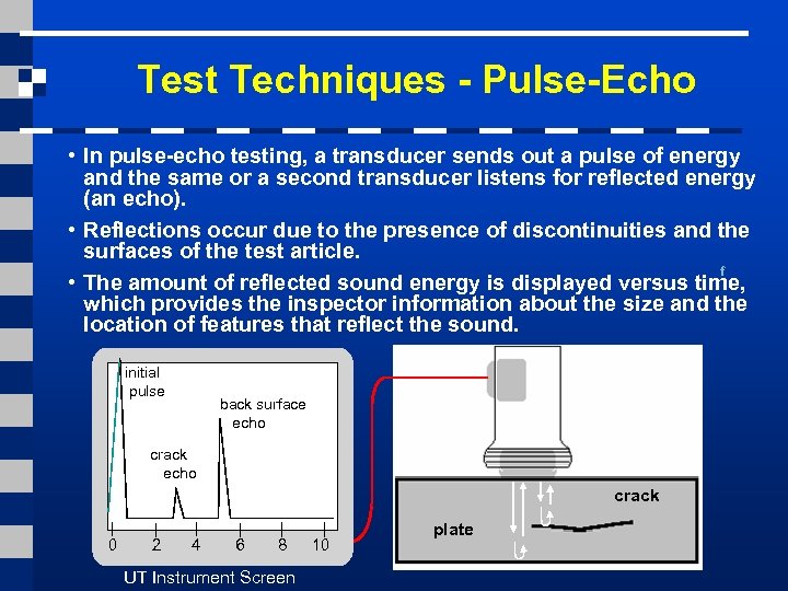 Test Techniques - Pulse-Echo • In pulse-echo testing, a transducer sends out a pulse