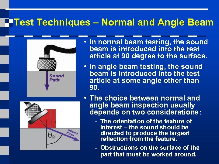 Test Techniques – Normal and Angle Beam • In normal beam testing, the sound