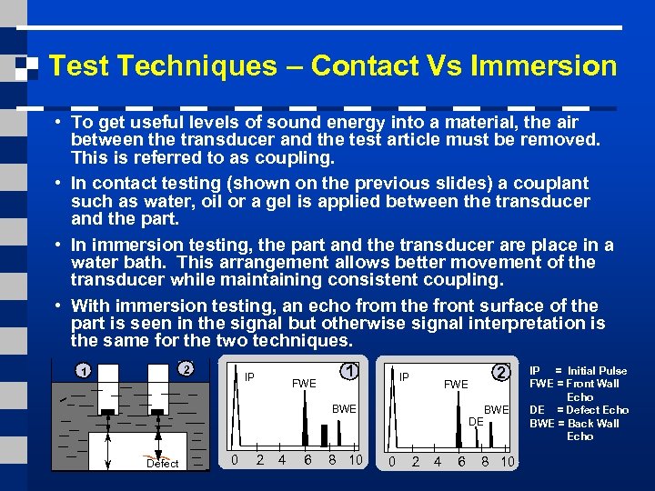 Test Techniques – Contact Vs Immersion • To get useful levels of sound energy