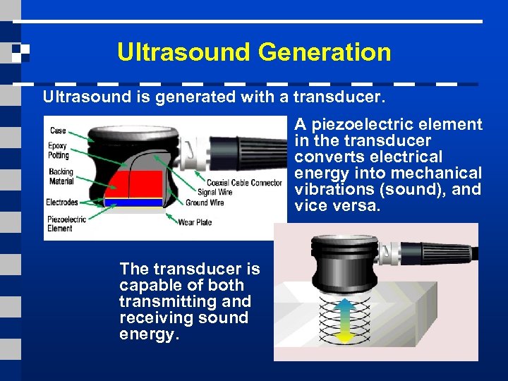 Ultrasound Generation Ultrasound is generated with a transducer. A piezoelectric element in the transducer