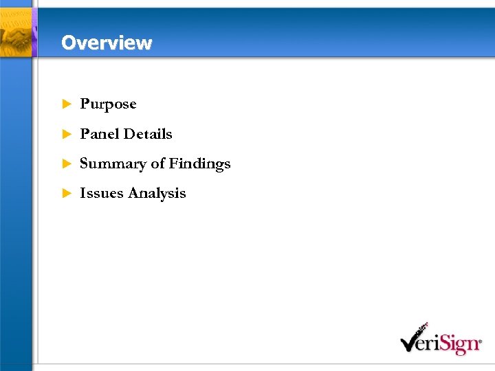 Overview u Purpose u Panel Details u Summary of Findings u Issues Analysis 