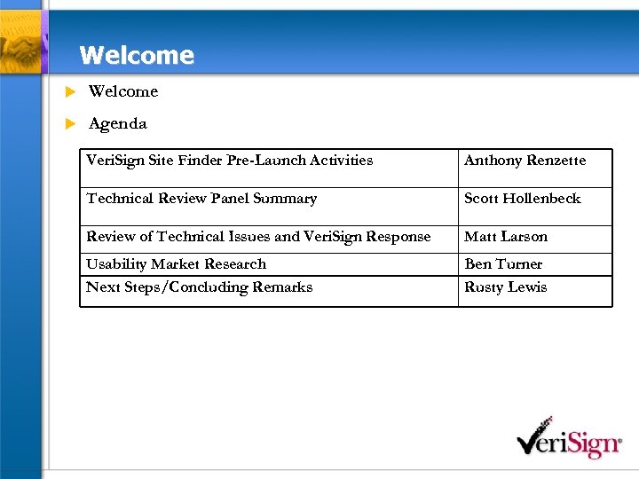 Welcome u Agenda Veri. Sign Site Finder Pre-Launch Activities Anthony Renzette Technical Review Panel