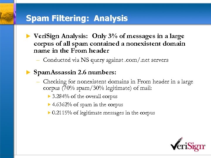 Spam Filtering: Analysis u Veri. Sign Analysis: Only 3% of messages in a large