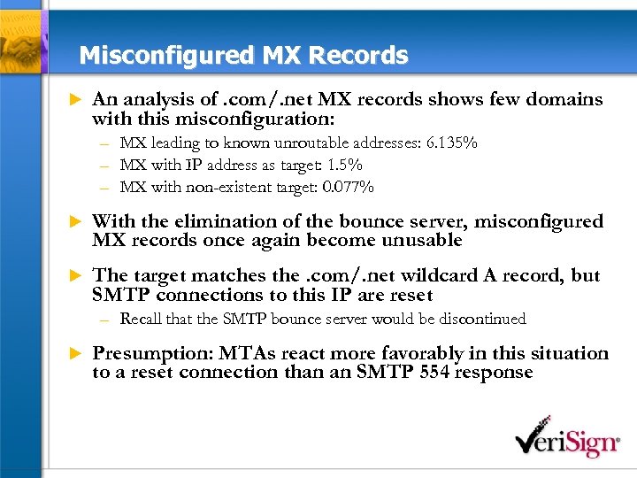 Misconfigured MX Records u An analysis of. com/. net MX records shows few domains