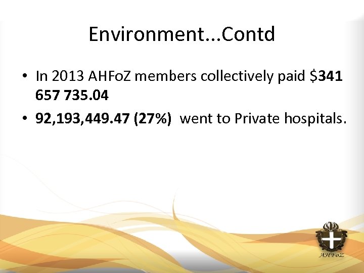 Environment. . . Contd • In 2013 AHFo. Z members collectively paid $341 657